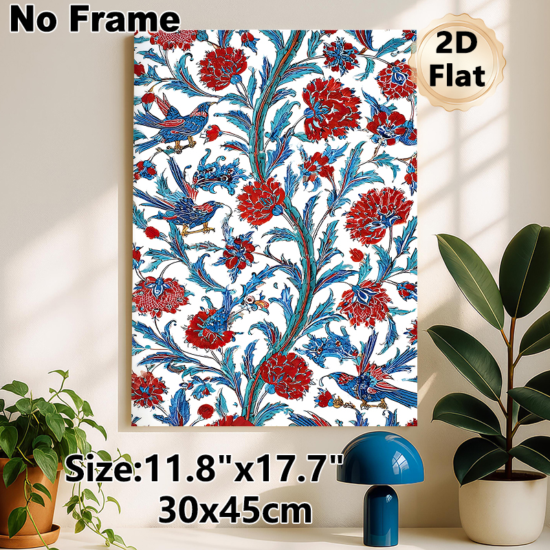 Floral & Bird Themed Painting Poster, Vibrant Ornate Botanical Poster, Rich Red Flowers & Blue Birds Decorative Artwork Ideal For Living Room, Bedroom_maomaolike.com
