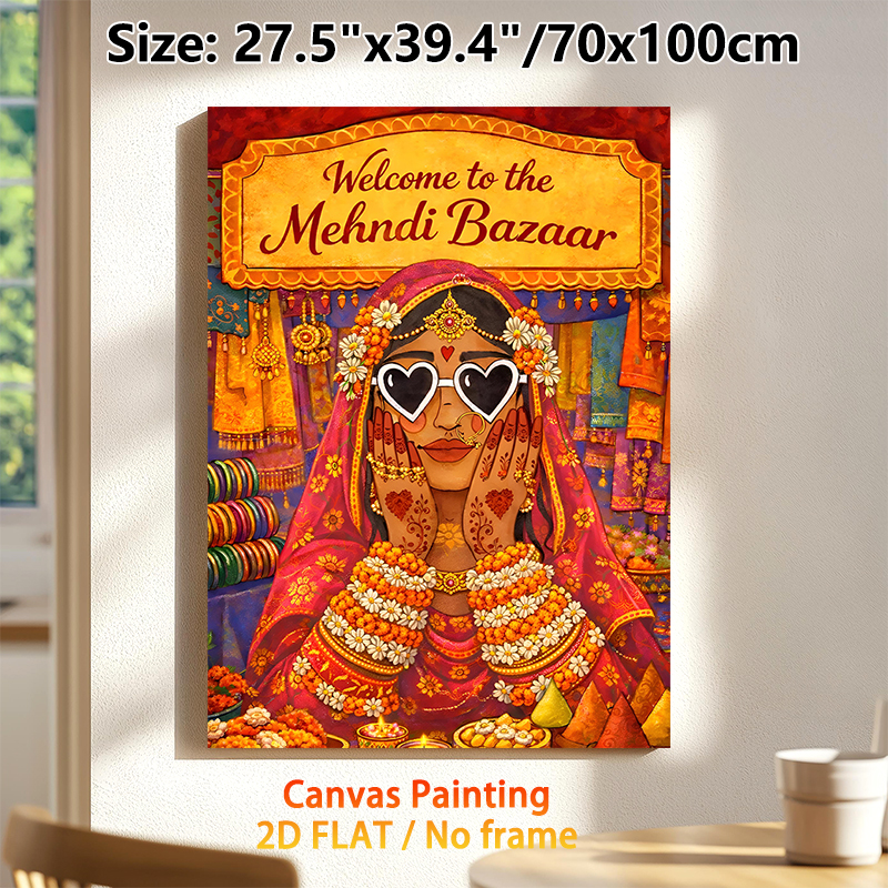 Mehndi Bazaar Themed Painting Poster, Colorful Traditional Indian Market Scene Poster, Rich Ethnic Cultural Design Ideal For Home Wall Decor, Festive_maomaolike.com