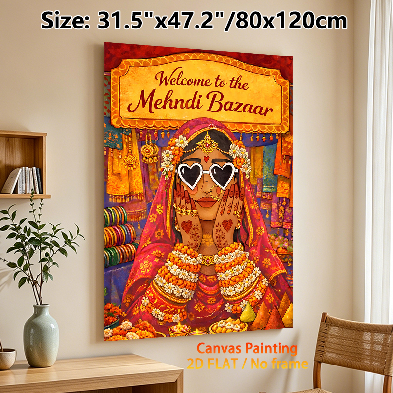 Mehndi Bazaar Themed Painting Poster, Colorful Traditional Indian Market Scene Poster, Rich Ethnic Cultural Design Ideal For Home Wall Decor, Festive_maomaolike.com