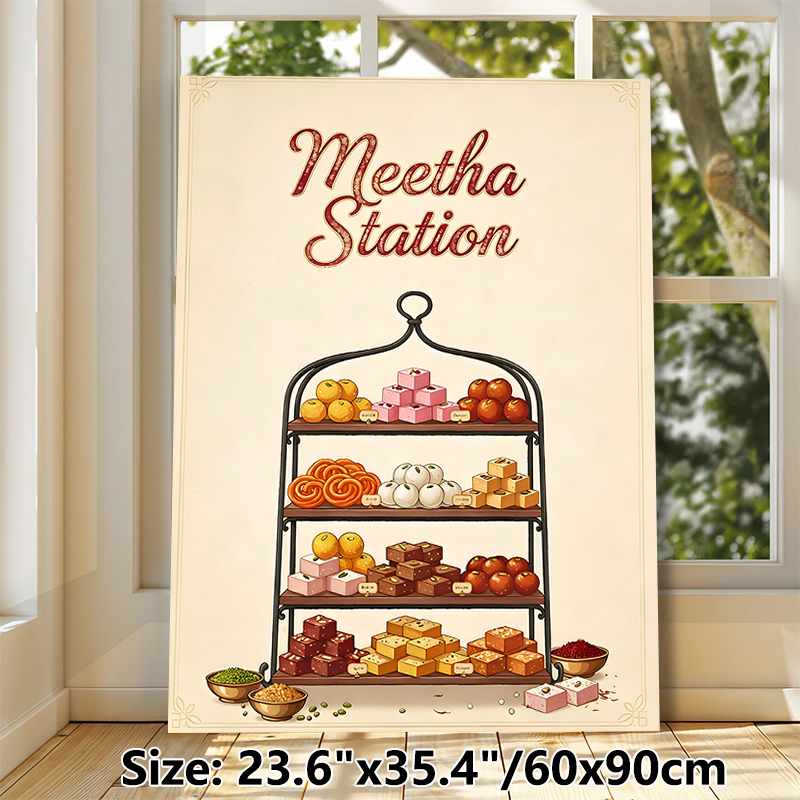 Indian Sweets Meetha Station Painting Poster, Vintage Illustrated Assorted Traditional Indian Confections Poster, Warm Nostalgic Decor Ideal For_maomaolike.com