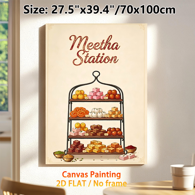 Indian Sweets Meetha Station Painting Poster, Vintage Illustrated Assorted Traditional Indian Confections Poster, Warm Nostalgic Decor Ideal For_maomaolike.com