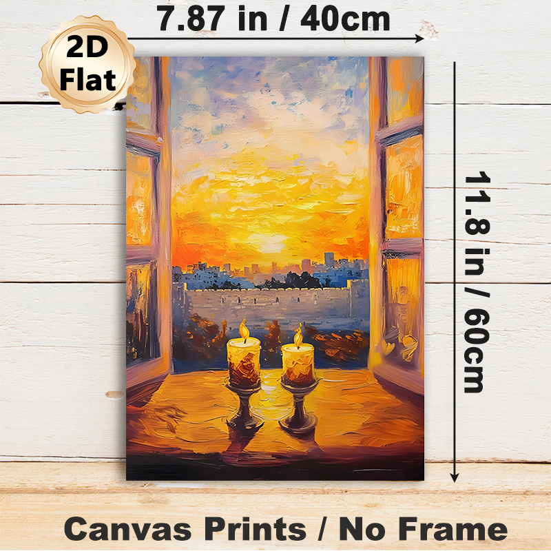 Candle & Sunset Cityscape Painting Poster, Rich Impasto Oil-style Poster, Warm Glowing Candles With Sunset City View Through Window, Creates Cozy_maomaolike.com