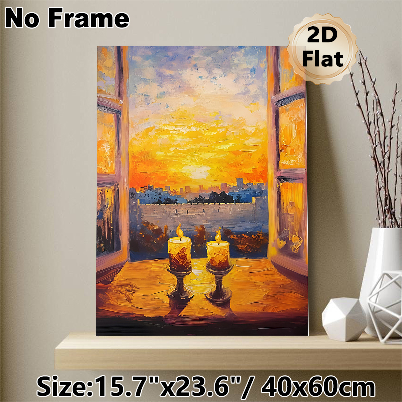 Candle & Sunset Cityscape Painting Poster, Rich Impasto Oil-style Poster, Warm Glowing Candles With Sunset City View Through Window, Creates Cozy_maomaolike.com