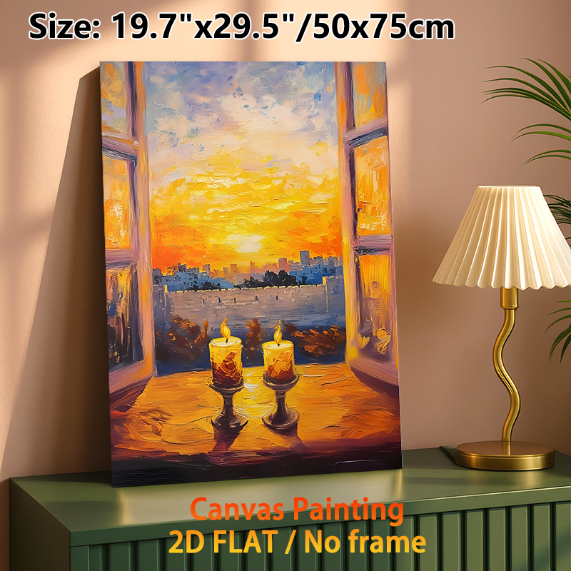 Candle & Sunset Cityscape Painting Poster, Rich Impasto Oil-style Poster, Warm Glowing Candles With Sunset City View Through Window, Creates Cozy_maomaolike.com