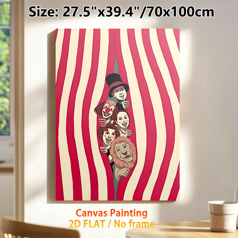 Circus Themed Painting Poster, Vibrant Vintage Cartoon Style Poster, Cheerful Design Featuring Circus Performers Peeking From Striped Curtain, Ideal_maomaolike.com