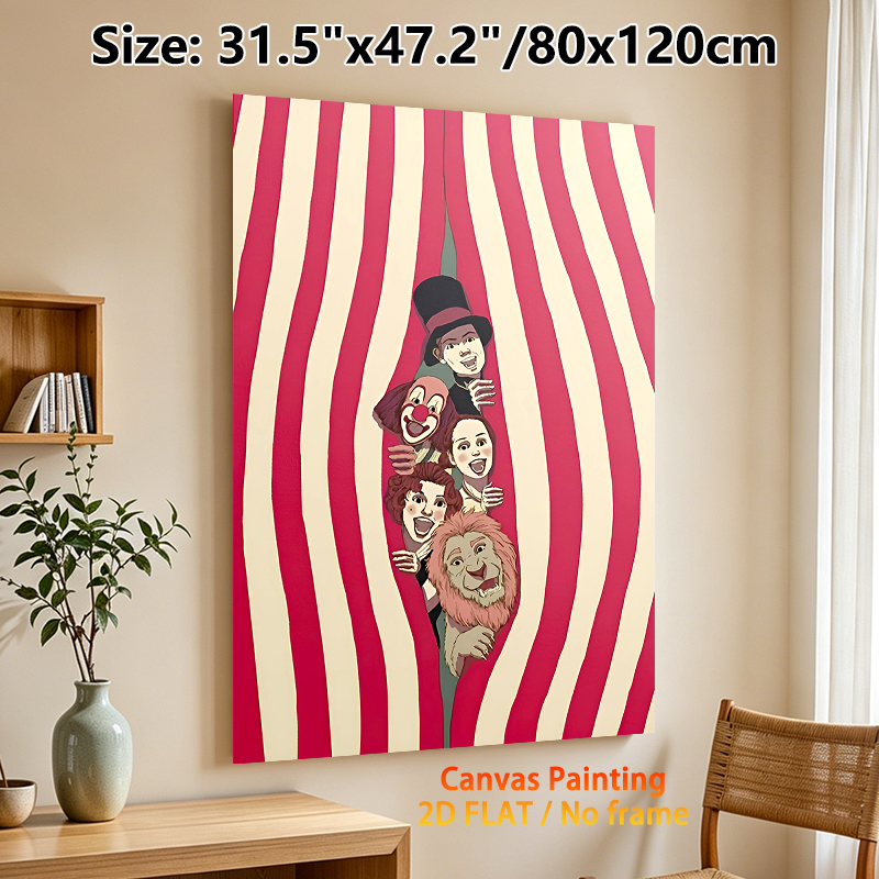 Circus Themed Painting Poster, Vibrant Vintage Cartoon Style Poster, Cheerful Design Featuring Circus Performers Peeking From Striped Curtain, Ideal_maomaolike.com