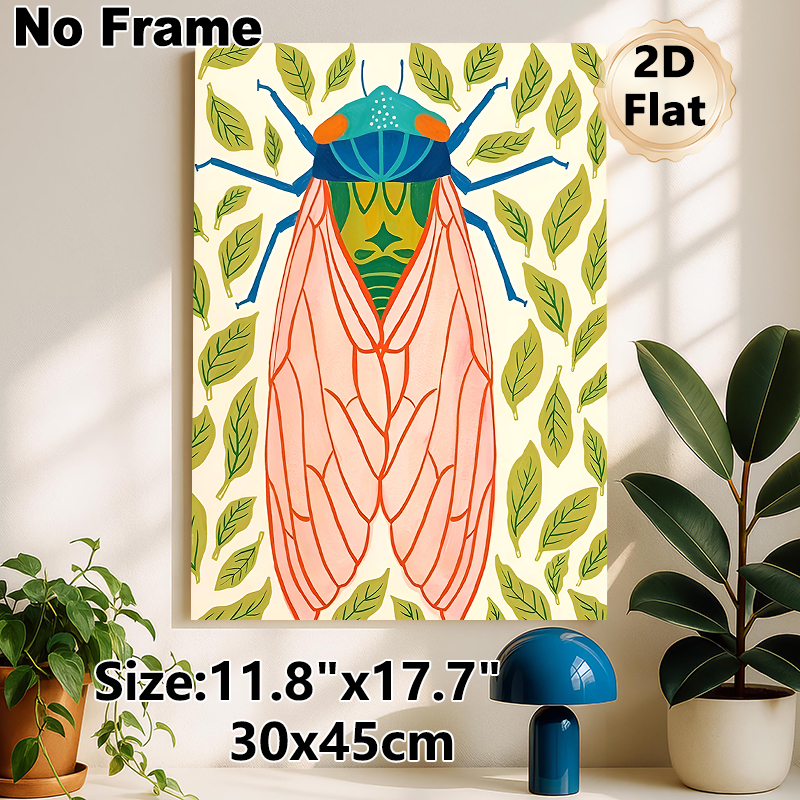 Cicada Themed Painting Poster, Vibrant Bohemian Style Colorful Cicada & Leaf Pattern Poster, Eye-catching Nature-inspired Decor For Living Room_maomaolike.com