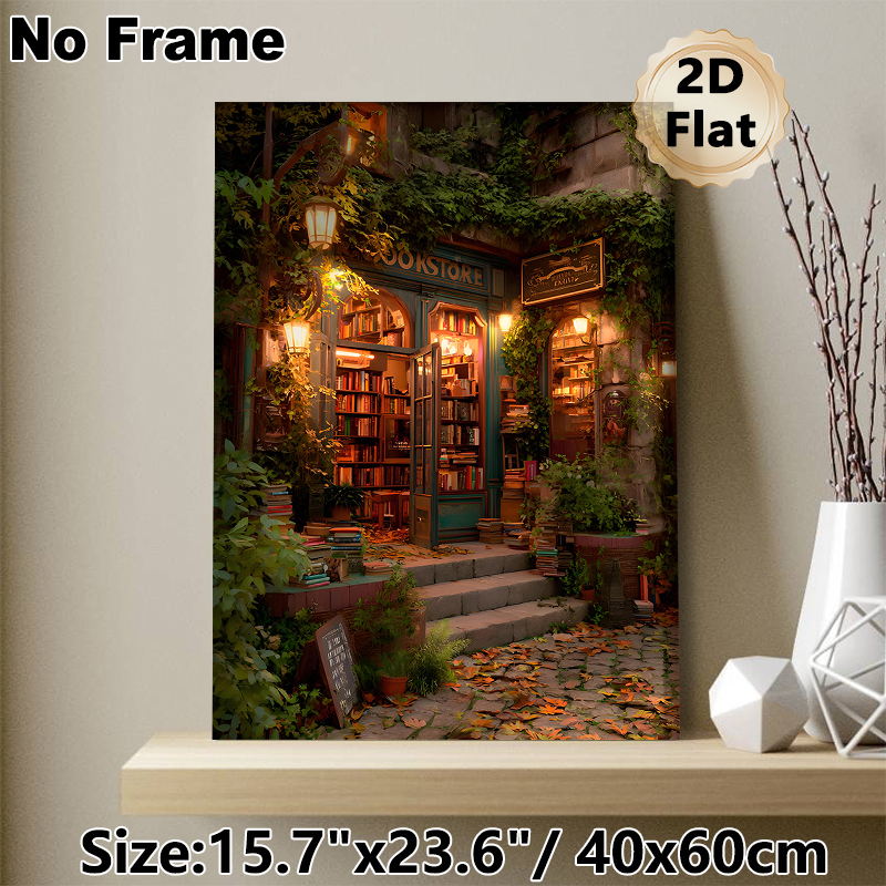 Cozy Bookstore Painting Poster, Warm-toned Vintage Enchanted Street Scene Poster, Inviting Nostalgic Ambience, Ideal For Home Study, Living Room_maomaolike.com