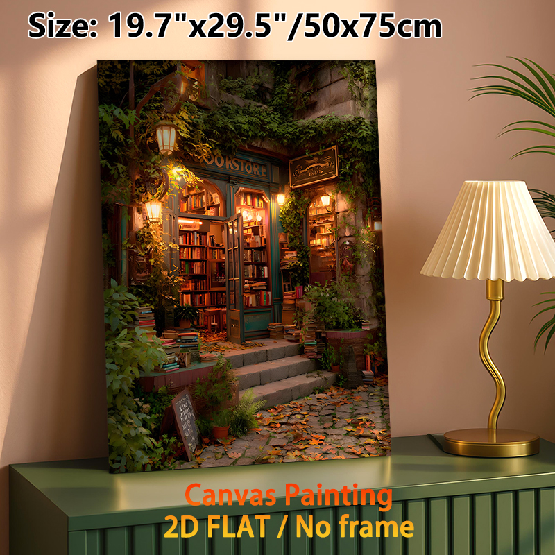 Cozy Bookstore Painting Poster, Warm-toned Vintage Enchanted Street Scene Poster, Inviting Nostalgic Ambience, Ideal For Home Study, Living Room_maomaolike.com
