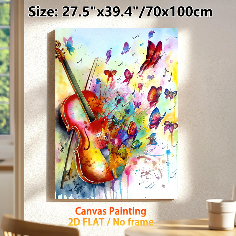 Violin & Butterfly Themed Painting Poster, Vibrant Watercolor Art Poster, Artistic Design With Colorful Violin, Flying Butterflies And Musical Notes_maomaolike.com
