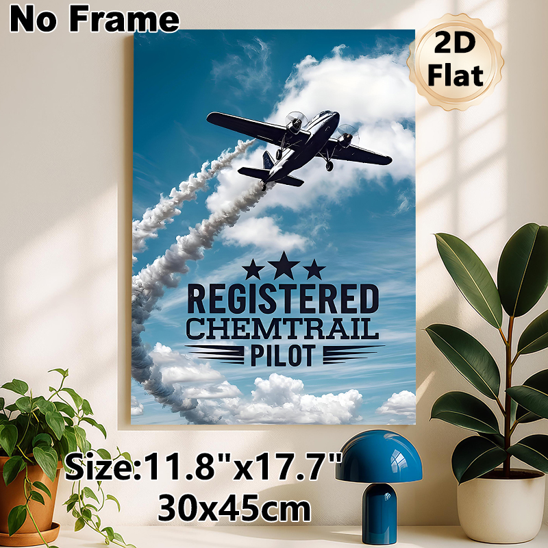 Chemtrail Pilot Aircraft Painting Poster, Retro Twin-engine Plane With Smoke Trails In Blue Sky Poster, Stylish Aviation-themed Decor Ideal For Home_maomaolike.com