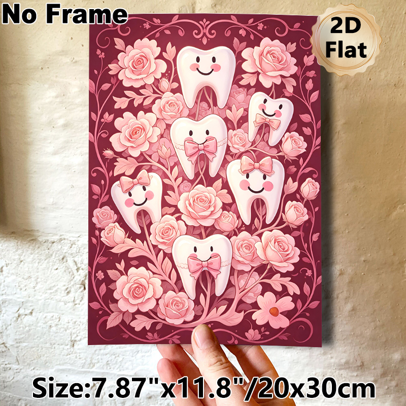 Cartoon Tooth & Rose Themed Painting Poster, Pastel Pink Cute Smiling Teeth With Bows & Floral Poster, Charming Dental-themed Decor Ideal For Dental_maomaolike.com
