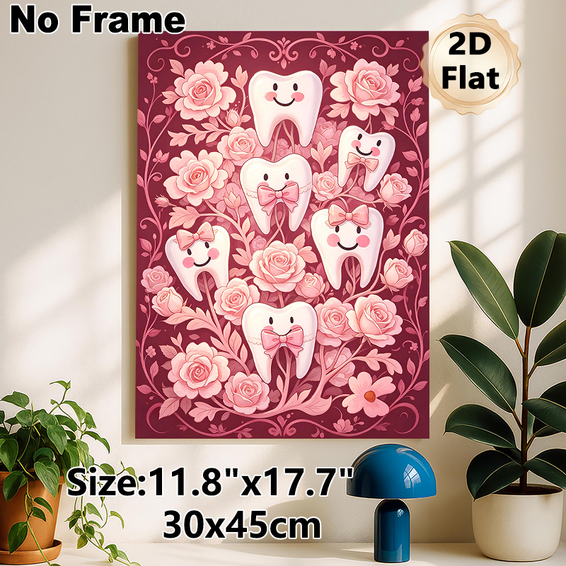 Cartoon Tooth & Rose Themed Painting Poster, Pastel Pink Cute Smiling Teeth With Bows & Floral Poster, Charming Dental-themed Decor Ideal For Dental_maomaolike.com