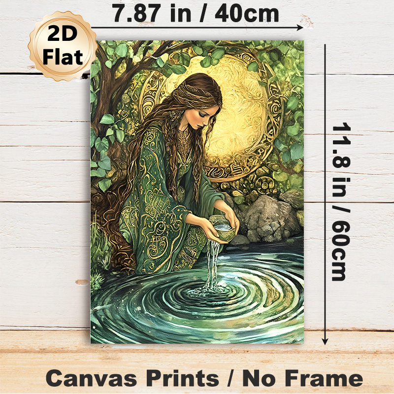 Forest Goddess Painting Poster, Mystical Intricate Vintage Art Poster, Serene Forest Scene With Goddess Pouring Water, Ideal For Living Room And_maomaolike.com