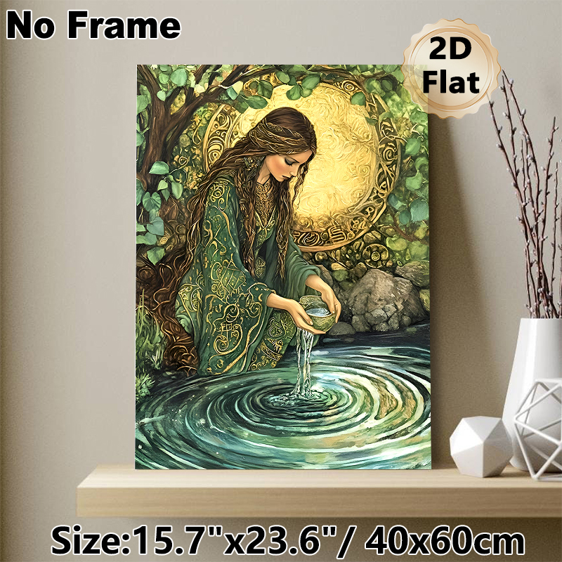 Forest Goddess Painting Poster, Mystical Intricate Vintage Art Poster, Serene Forest Scene With Goddess Pouring Water, Ideal For Living Room And_maomaolike.com