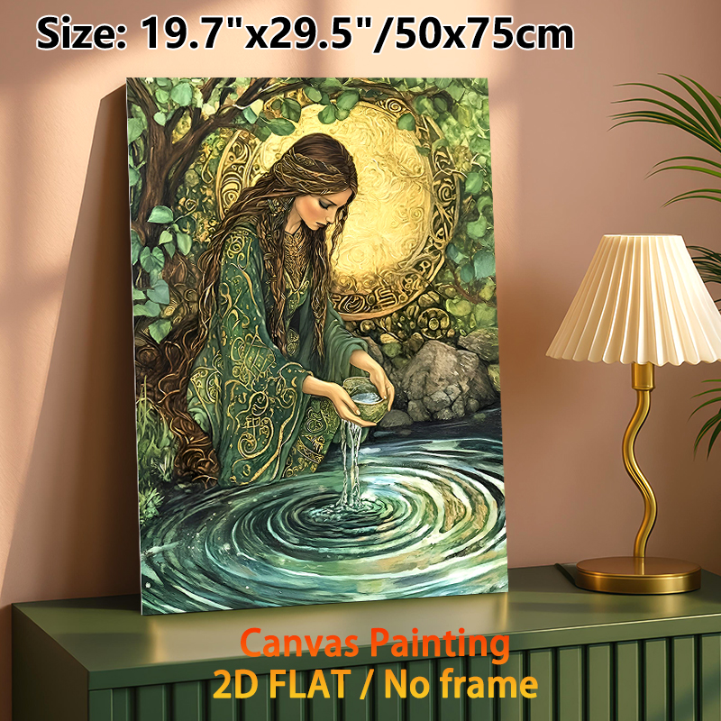 Forest Goddess Painting Poster, Mystical Intricate Vintage Art Poster, Serene Forest Scene With Goddess Pouring Water, Ideal For Living Room And_maomaolike.com