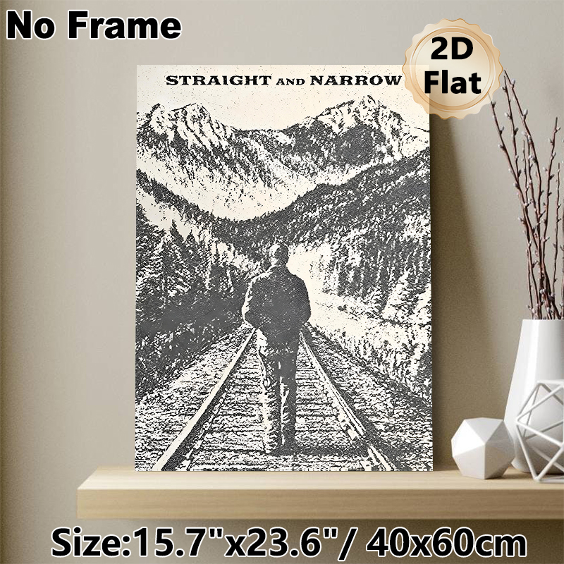 Railway & Mountain Figure Painting Poster, Vintage Monochrome Textured "Straight And Narrow" Scene Poster, Thought-provoking Artistic Decor For Living_maomaolike.com