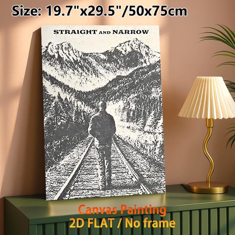 Railway & Mountain Figure Painting Poster, Vintage Monochrome Textured "Straight And Narrow" Scene Poster, Thought-provoking Artistic Decor For Living_maomaolike.com