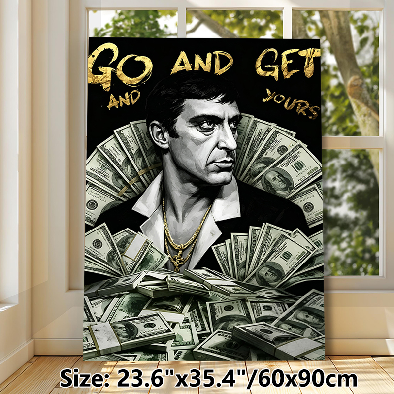 Money Motivational Scarface Painting Poster, Monochrome With Gold Accents Portrait Poster, Inspirational "Go And Get Yours" Decor, Ideal For Home_maomaolike.com