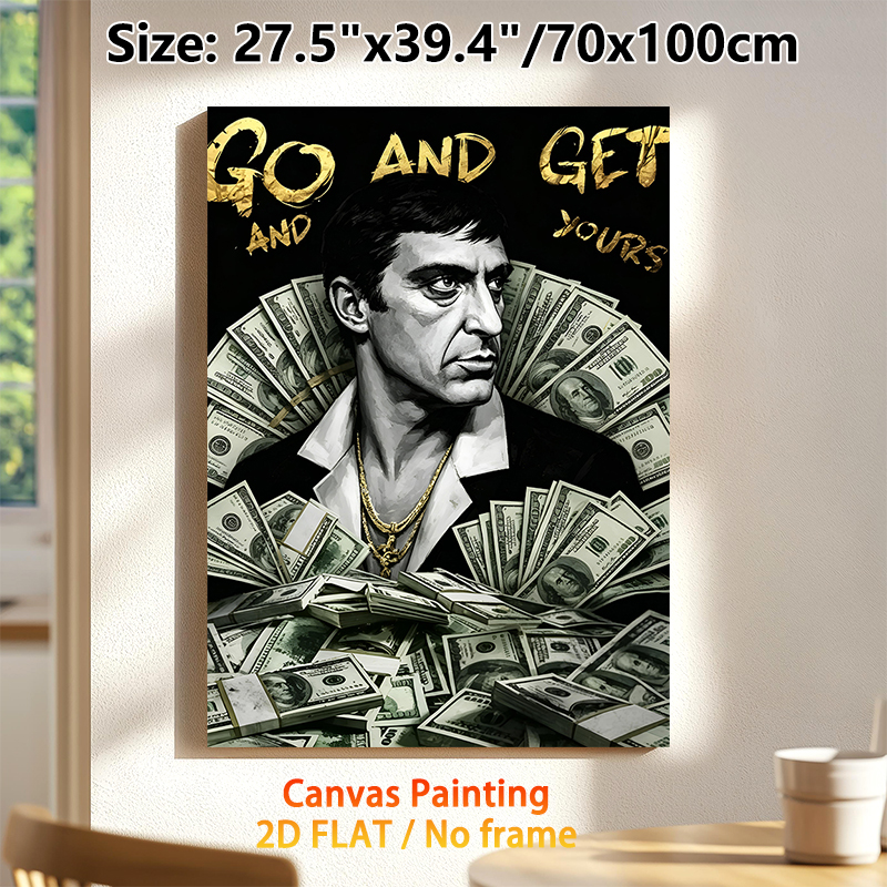 Money Motivational Scarface Painting Poster, Monochrome With Gold Accents Portrait Poster, Inspirational "Go And Get Yours" Decor, Ideal For Home_maomaolike.com