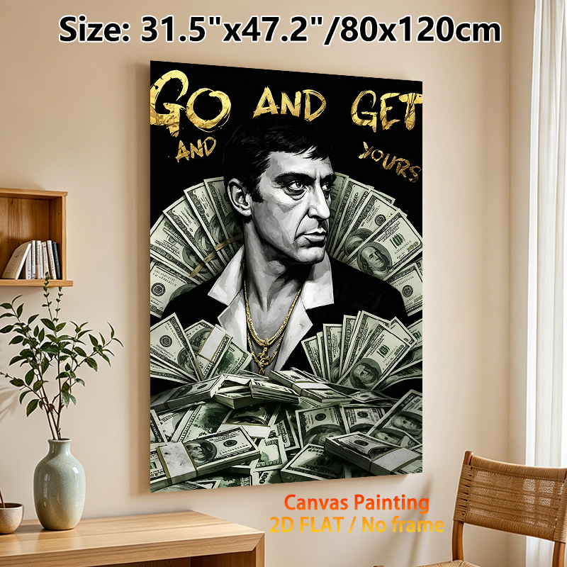 Money Motivational Scarface Painting Poster, Monochrome With Gold Accents Portrait Poster, Inspirational "Go And Get Yours" Decor, Ideal For Home_maomaolike.com