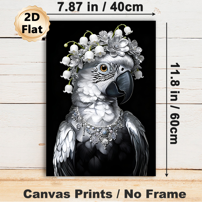 Adorned Parrot Painting Poster, Elegant Monochrome Parrot With Lily-of-the-valley Floral Crown And Gem Necklace Poster, Stylish Eye-catching Decor_maomaolike.com