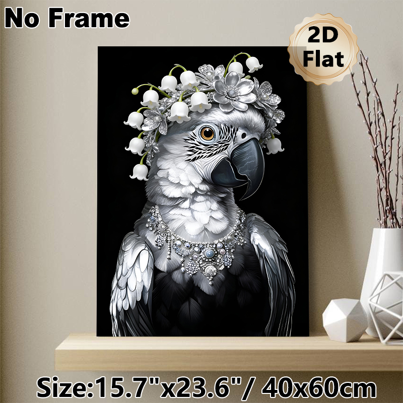 Adorned Parrot Painting Poster, Elegant Monochrome Parrot With Lily-of-the-valley Floral Crown And Gem Necklace Poster, Stylish Eye-catching Decor_maomaolike.com