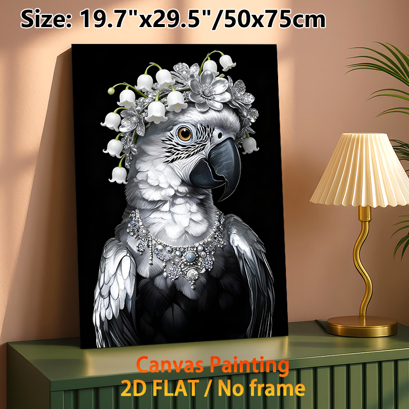 Adorned Parrot Painting Poster, Elegant Monochrome Parrot With Lily-of-the-valley Floral Crown And Gem Necklace Poster, Stylish Eye-catching Decor_maomaolike.com