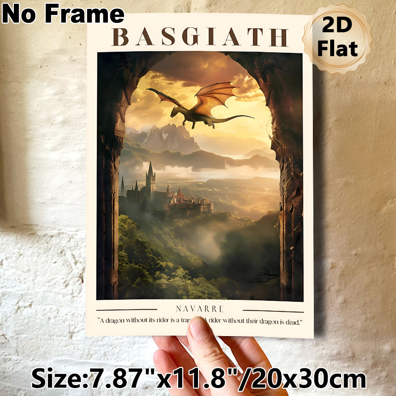 Basgiath Dragon & Castle Painting Poster, Atmospheric Fantasy Style Poster, Captivating Scene Of Dragon Flying Over Misty Mountain Castle At Golden_maomaolike.com