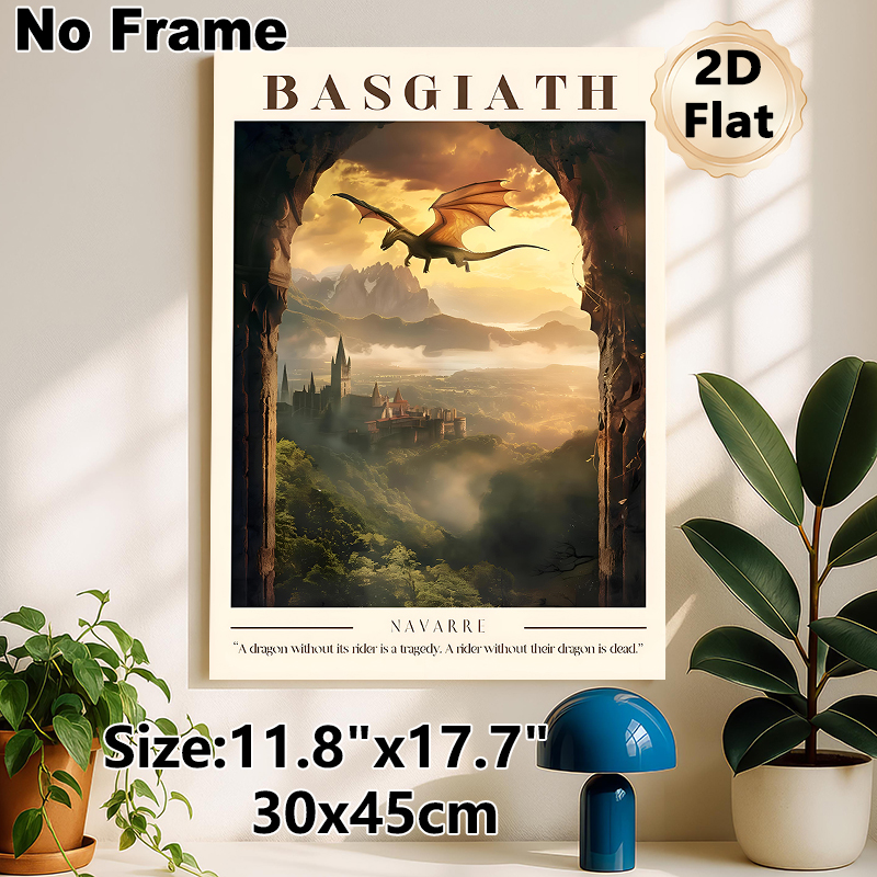 Basgiath Dragon & Castle Painting Poster, Atmospheric Fantasy Style Poster, Captivating Scene Of Dragon Flying Over Misty Mountain Castle At Golden_maomaolike.com