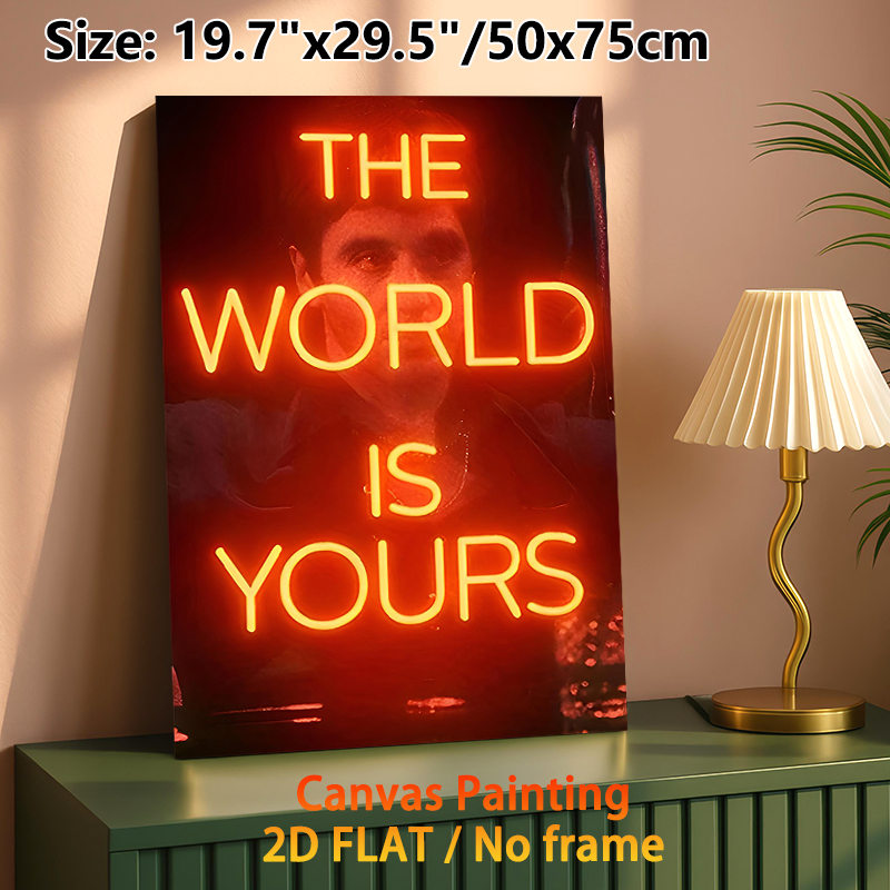 "The World Is Yours" Motivational Painting Poster, Warm Neon-style Typography With Dimmed Figure Poster, Inspiring Wall Decor For Home Office, Living_maomaolike.com