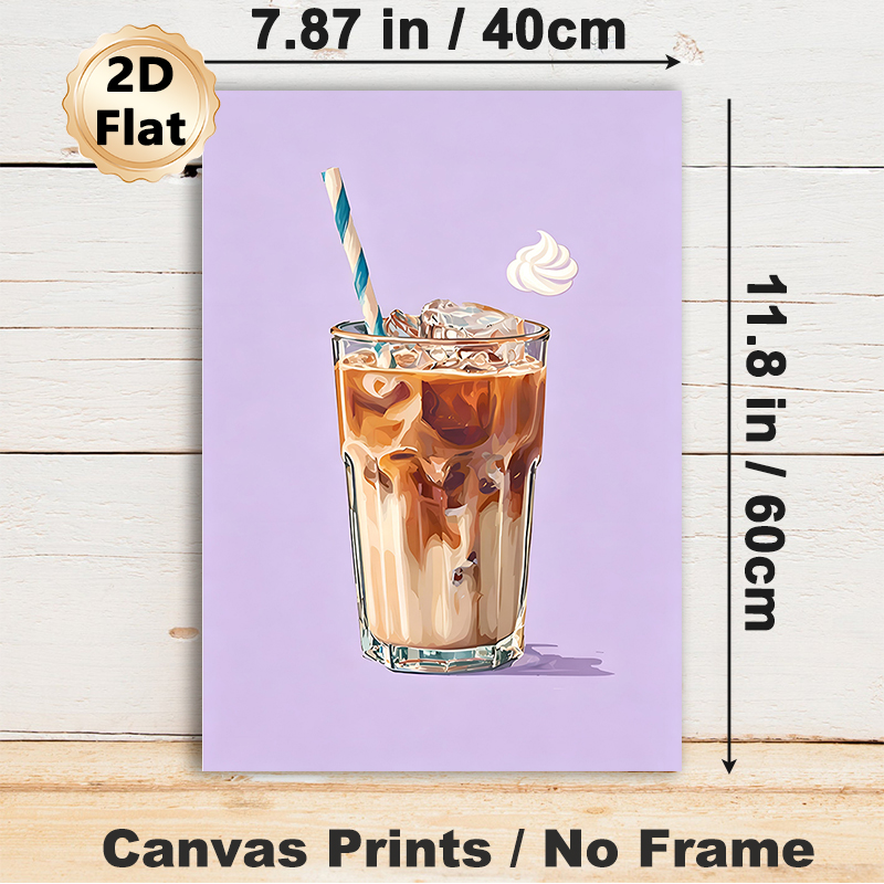 Iced Coffee Painting Poster, Vibrant Stylized Iced Coffee With Ice Cubes And Striped Straw Poster, Cozy Beverage-themed Decor Ideal For Cafe, Kitchen_maomaolike.com