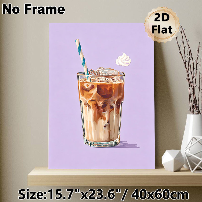 Iced Coffee Painting Poster, Vibrant Stylized Iced Coffee With Ice Cubes And Striped Straw Poster, Cozy Beverage-themed Decor Ideal For Cafe, Kitchen_maomaolike.com