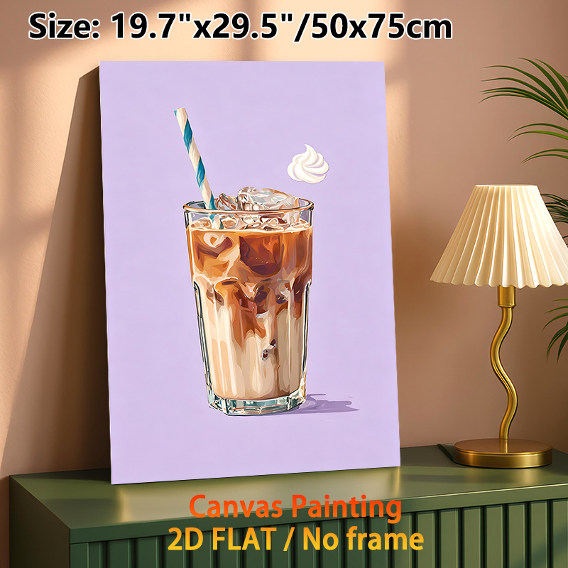 Iced Coffee Painting Poster, Vibrant Stylized Iced Coffee With Ice Cubes And Striped Straw Poster, Cozy Beverage-themed Decor Ideal For Cafe, Kitchen_maomaolike.com