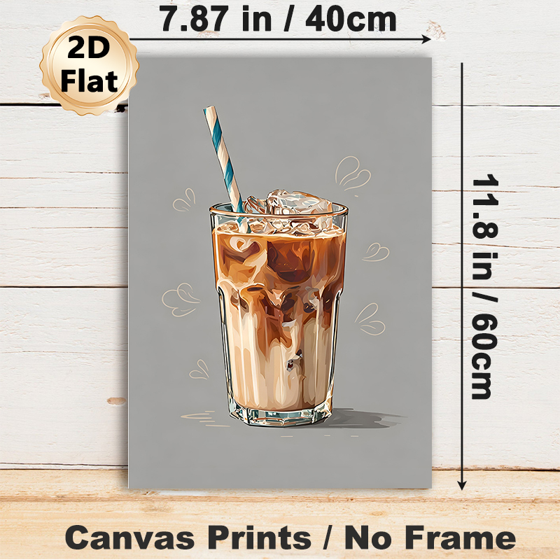 Iced Coffee Painting Poster, Warm-toned Stylized Art Poster, Creamy Iced Coffee In Glass With Striped Straw And Heart Outlines, Brings Cozy Vibe_maomaolike.com