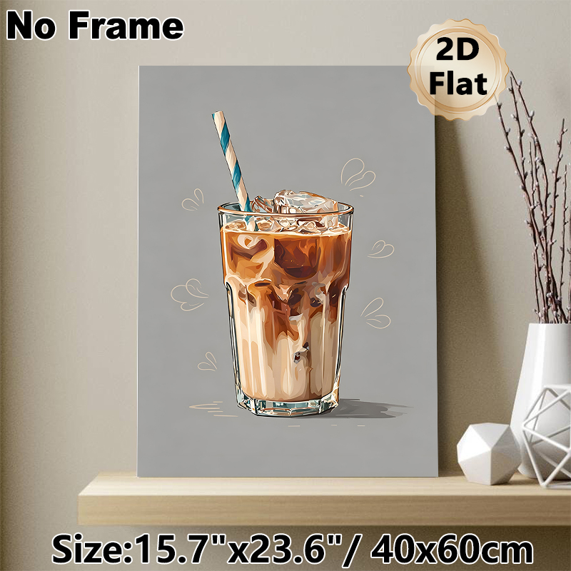 Iced Coffee Painting Poster, Warm-toned Stylized Art Poster, Creamy Iced Coffee In Glass With Striped Straw And Heart Outlines, Brings Cozy Vibe_maomaolike.com