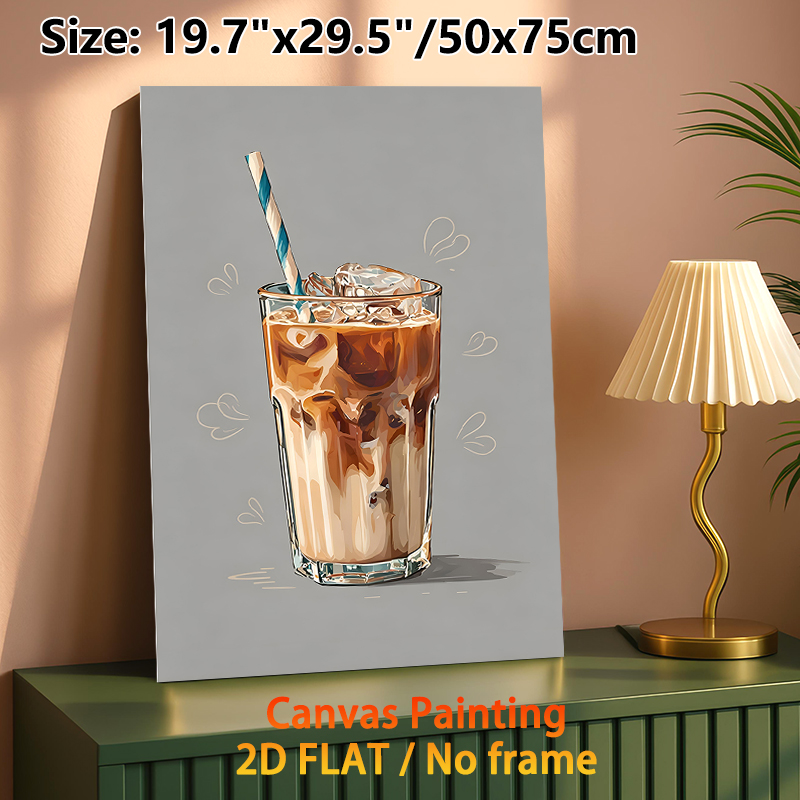 Iced Coffee Painting Poster, Warm-toned Stylized Art Poster, Creamy Iced Coffee In Glass With Striped Straw And Heart Outlines, Brings Cozy Vibe_maomaolike.com