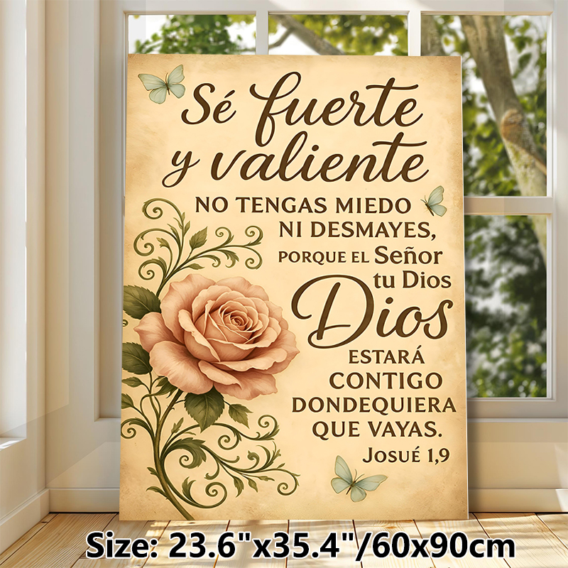 Spanish Religious Scripture Painting Poster, Vintage Rustic Style Poster, With Soft Pink Rose, Delicate Butterflies & Inspirational Verse, Ideal For_maomaolike.com