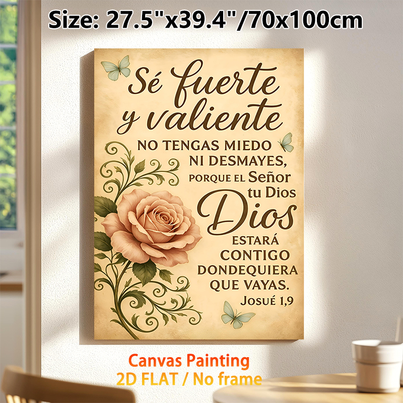 Spanish Religious Scripture Painting Poster, Vintage Rustic Style Poster, With Soft Pink Rose, Delicate Butterflies & Inspirational Verse, Ideal For_maomaolike.com