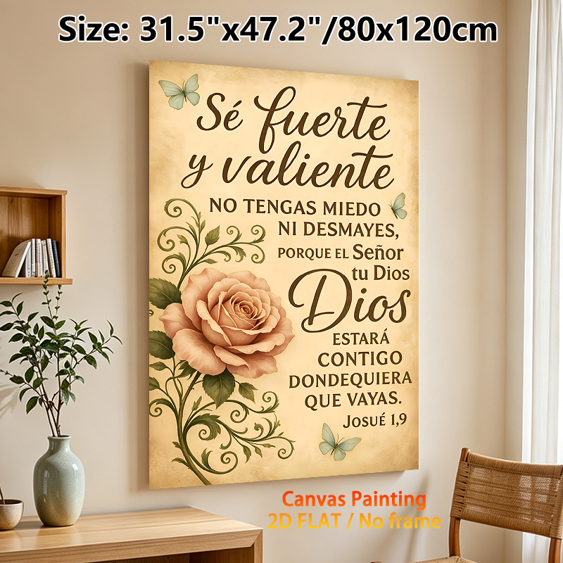 Spanish Religious Scripture Painting Poster, Vintage Rustic Style Poster, With Soft Pink Rose, Delicate Butterflies & Inspirational Verse, Ideal For_maomaolike.com