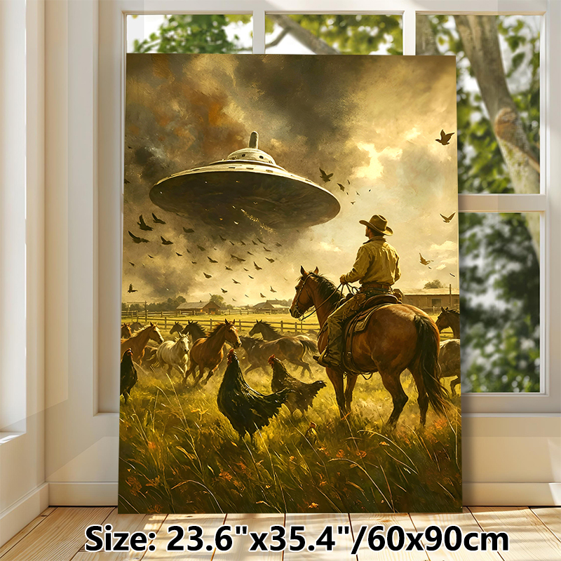 Cowboy & UFO Themed Painting Poster, Vintage Western Style Dramatic Rural Scene Poster, Unique Surreal Artwork Ideal For Living Room, Study Wall Decor_maomaolike.com