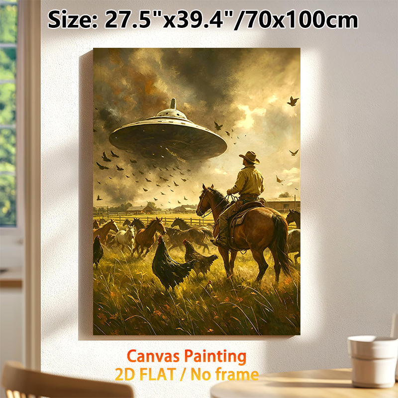 Cowboy & UFO Themed Painting Poster, Vintage Western Style Dramatic Rural Scene Poster, Unique Surreal Artwork Ideal For Living Room, Study Wall Decor_maomaolike.com