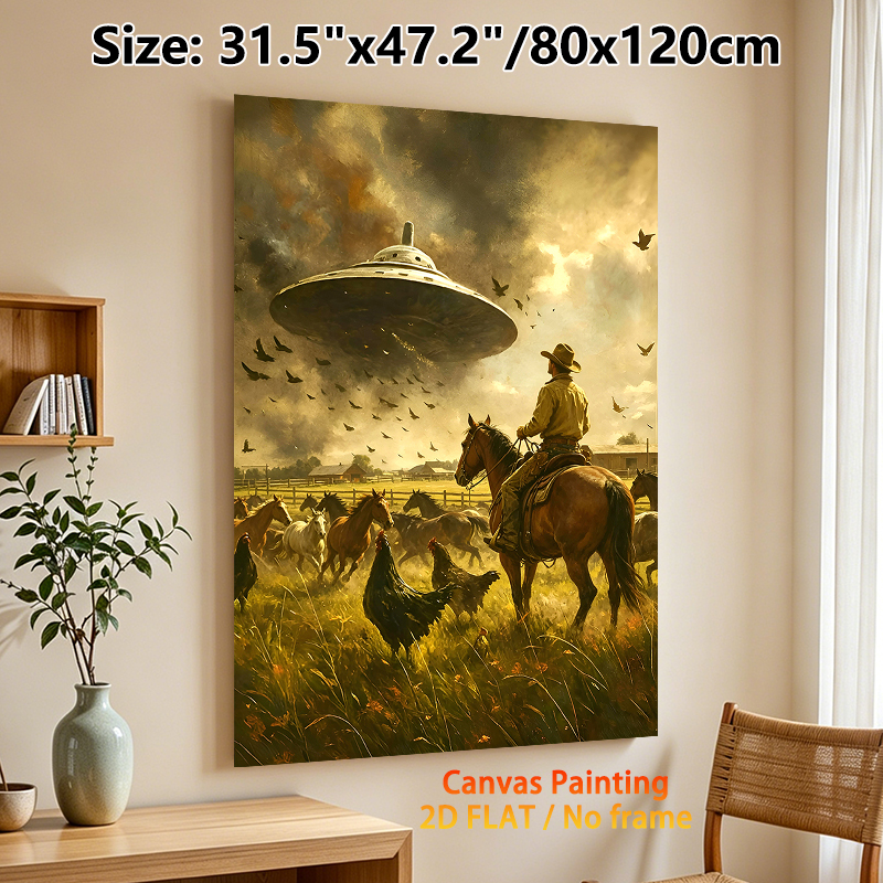 Cowboy & UFO Themed Painting Poster, Vintage Western Style Dramatic Rural Scene Poster, Unique Surreal Artwork Ideal For Living Room, Study Wall Decor_maomaolike.com