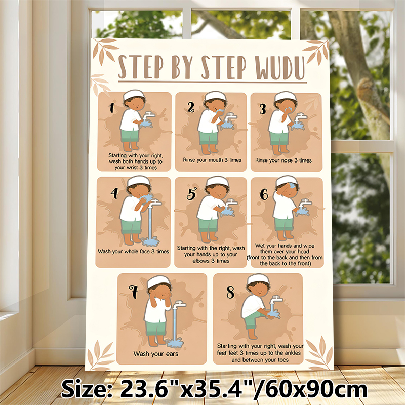 Step-by-Step Wudu Painting Poster, Warm-toned Illustrative Poster, Clear Instructional Guide To Islamic Ablution Steps, Ideal For Home And Prayer_maomaolike.com