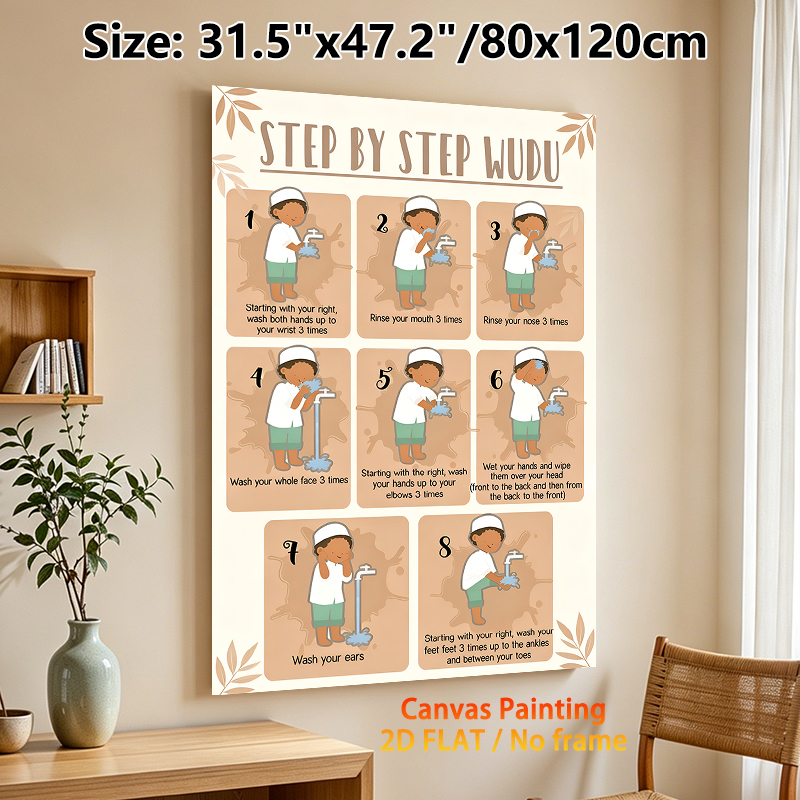 Step-by-Step Wudu Painting Poster, Warm-toned Illustrative Poster, Clear Instructional Guide To Islamic Ablution Steps, Ideal For Home And Prayer_maomaolike.com