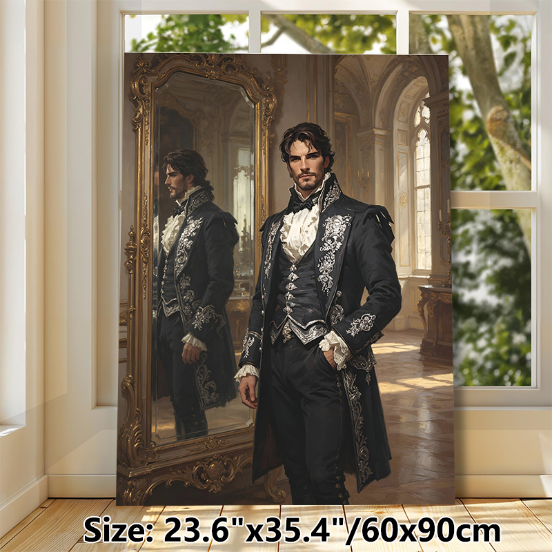 Victorian Gentleman Painting Poster, Elegant Classic Oil Painting Style Poster, Aristocratic Figure In Ornate Dark Formal Attire With Mirror_maomaolike.com