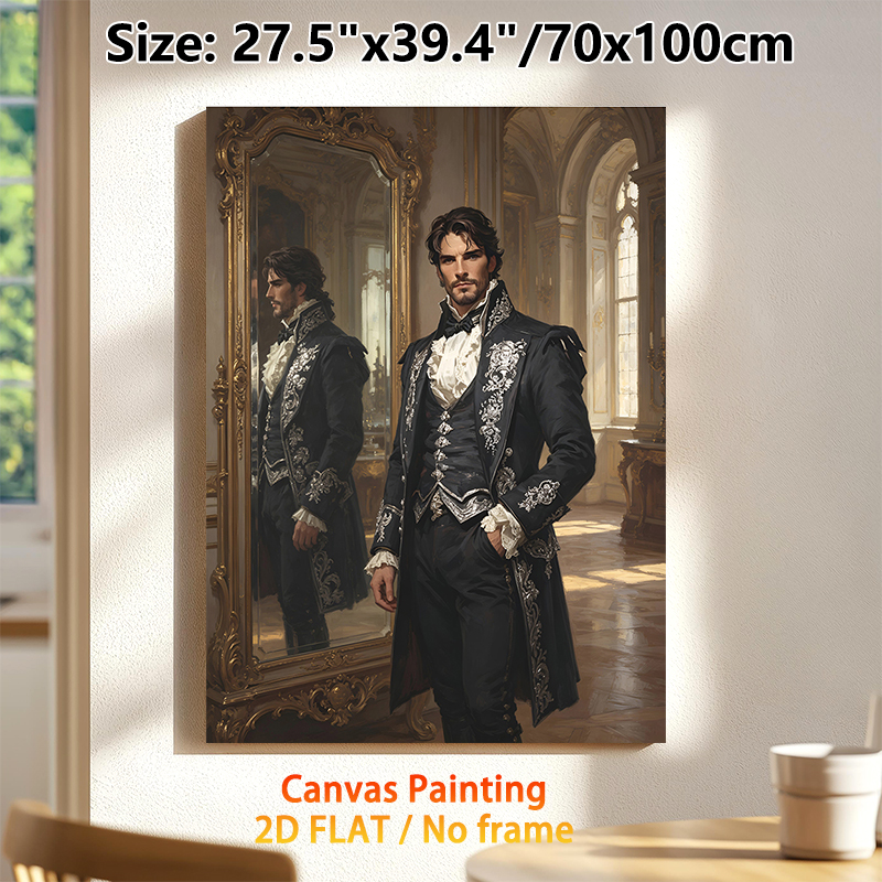 Victorian Gentleman Painting Poster, Elegant Classic Oil Painting Style Poster, Aristocratic Figure In Ornate Dark Formal Attire With Mirror_maomaolike.com