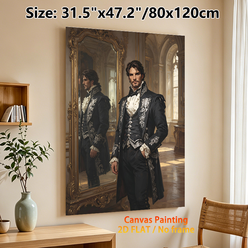 Victorian Gentleman Painting Poster, Elegant Classic Oil Painting Style Poster, Aristocratic Figure In Ornate Dark Formal Attire With Mirror_maomaolike.com