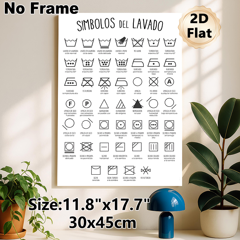 Spanish Laundry Symbols Guide Painting Poster, Minimalist Black & White Graphic Poster, Practical Laundry Care Reference Ideal For Home Laundry Room_maomaolike.com