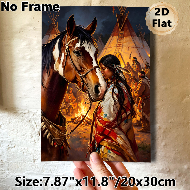 Native American & Horse Themed Painting Poster, Warm-toned Realistic Tribal Scene Poster, Rich Cultural Artwork With Campfire & Tipis, Suitable For_maomaolike.com